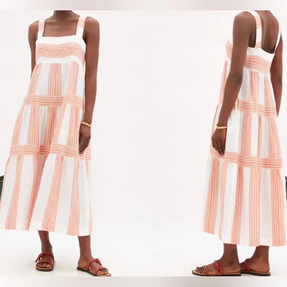 Striped Peach and White Square-Neck Midi Dress